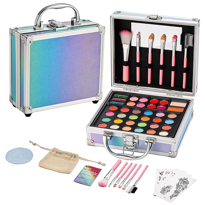 Anpro All-In-One Makeup Carry Case with Pro Teen Makeup Set, Full Starter Cosmetics Kit with Makeup Brushes, Eye Shadows Palette, Blushes, Glitter Gel, Temporary Tattoo Stickers - Blue-Velvo Beauty