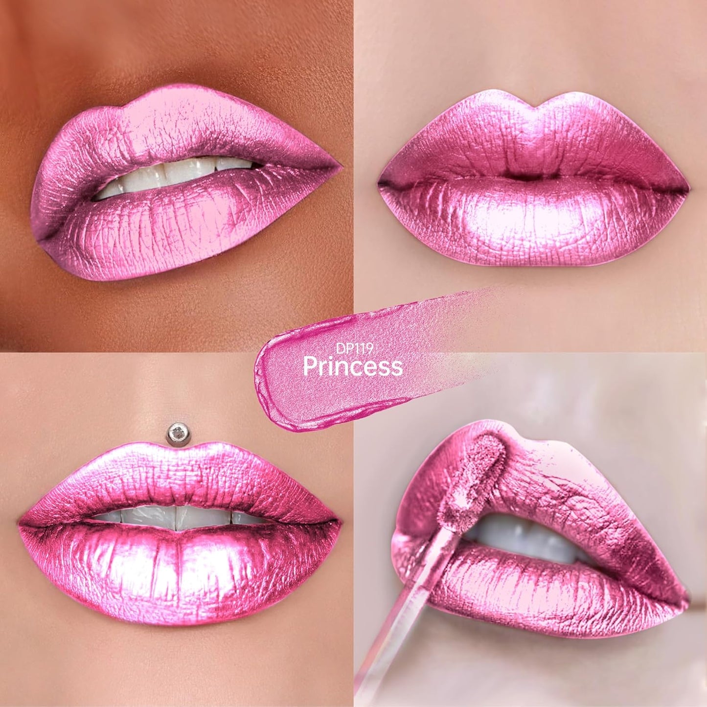 Pink Lipsticks for Women Metallic Lipstick Long Lasting Non Stick Cup Lip Gloss, Shimmer Lightweight Hydrating Full Coverage Lip Color, DP119 Princess-Velvo Beauty