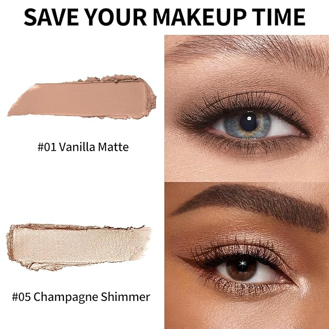 FV Waterproof Eyeshadow Stick Duo,Long-Lasting Cream Eye Shadow Makeup Sets, High Pigmented Eyeshadow Pencil with Matte & Shimmer Finish, Natural Look (Vanilla & Champagne)-Velvo Beauty