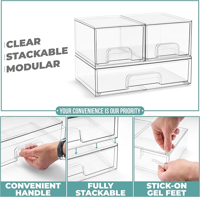 Sorbus Acrylic Storage Containers - 3 Pack, Stackable Storage Bins Set for Bathroom Organization - Clear Acrylic Drawer Organizers - Makeup Case Pull-Out Drawers (4.4’’ Tall and 12.1’’ Wide)-Velvo Beauty
