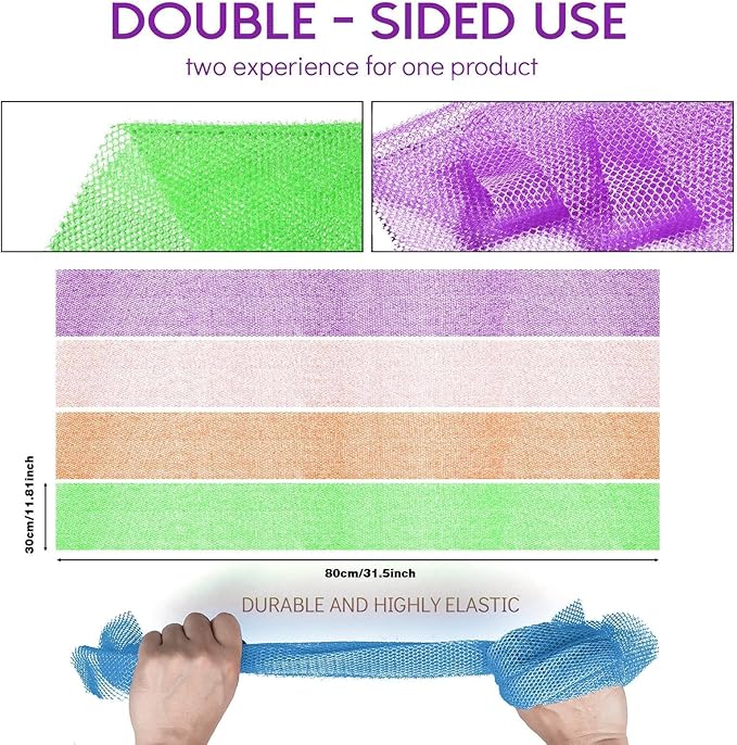 UJFQBH 4 Pieces African Net Sponge African Net Long Net Bath Sponge Exfoliating Shower Body Scrubber Back Scrubber Skin Smoother,Great for Daily Use (Purple, Orange, Green, Pink)-Velvo Beauty