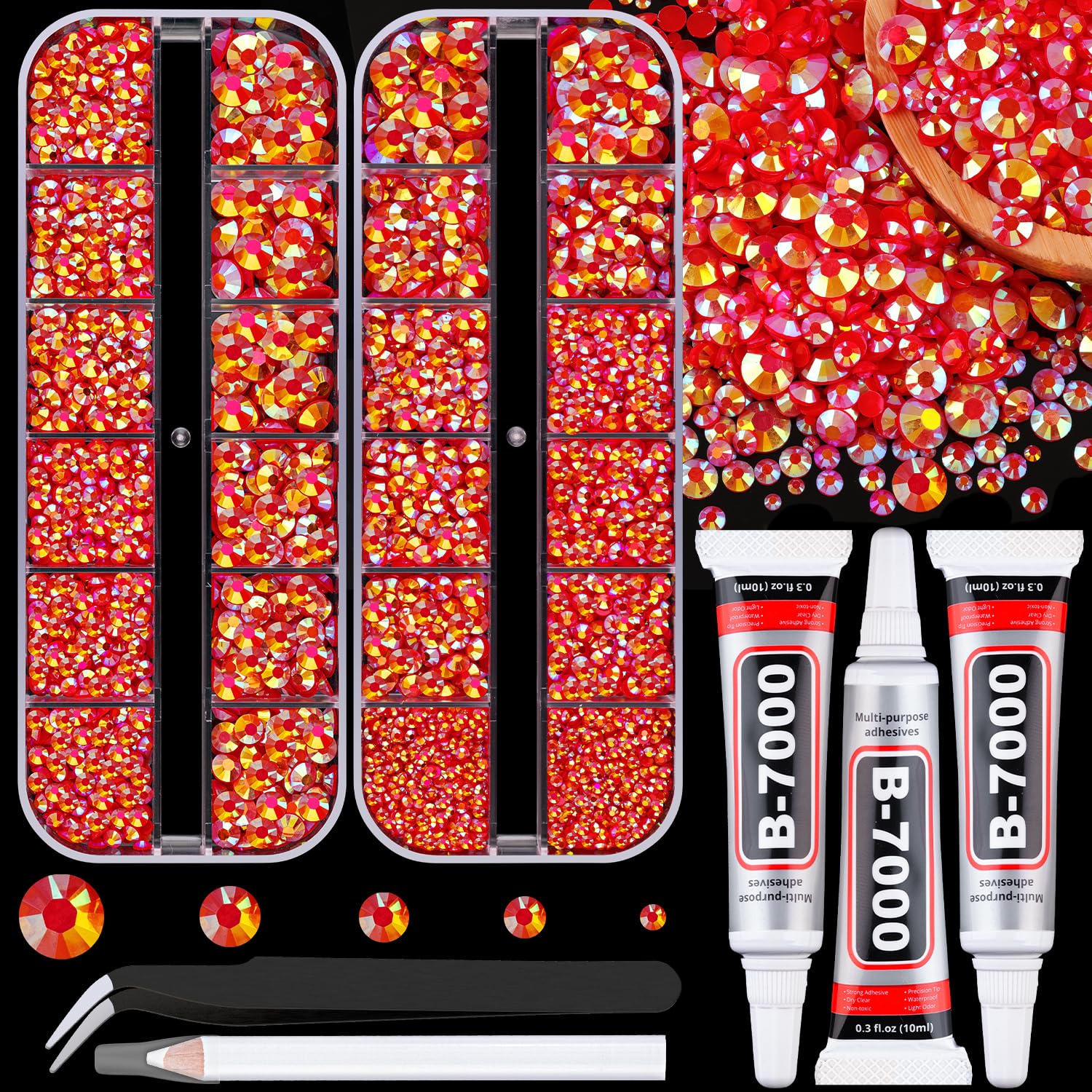 Resin Jelly Rhinestones for Crafting with B7000 Jewelry Glue, 2 Boxes Red AB Flatback Crystals with 3Pcs 10ml Glue, Bedazzling Non Hotfix Gems for DIY Tumblers Clothing Shoes Manicure-Velvo Beauty