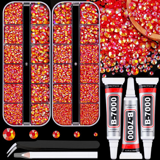 Resin Jelly Rhinestones for Crafting with B7000 Jewelry Glue, 2 Boxes Red AB Flatback Crystals with 3Pcs 10ml Glue, Bedazzling Non Hotfix Gems for DIY Tumblers Clothing Shoes Manicure-Velvo Beauty