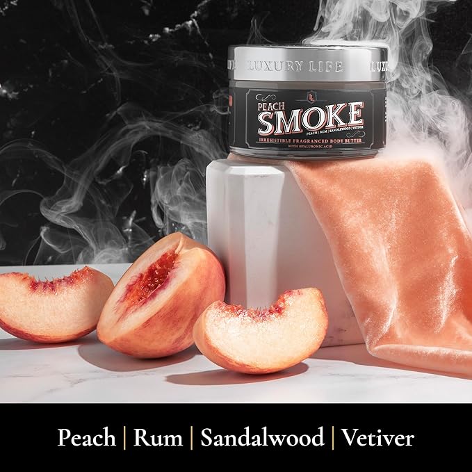 LUXURY LIFE BUTTER - Irresistibly Scented Body Butter with Hyaluronic Acid for Ultimate Moisture. Luxurious Natural Fragrance. Hydrates for a Non-Greasy Glamorous Glow, Peach Smoke, 5 oz.-Velvo Beauty