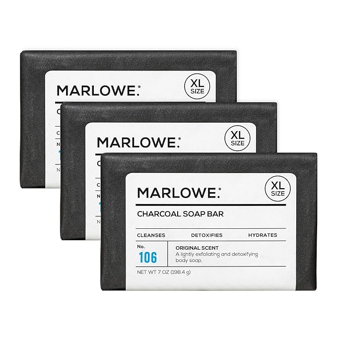 MARLOWE. No. 106 Charcoal Soap 7 oz (3 Bars) Body Bar Soap for Men, Cleansing, Purifying & Hydrating with Natural Extracts, Shea Butter, Olive Oil & Green Tea Extracts, Fresh Woodsy Scent-Velvo Beauty