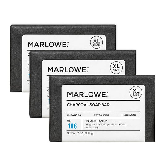 MARLOWE. No. 106 Charcoal Soap 7 oz (3 Bars) Body Bar Soap for Men, Cleansing, Purifying & Hydrating with Natural Extracts, Shea Butter, Olive Oil & Green Tea Extracts, Fresh Woodsy Scent-Velvo Beauty