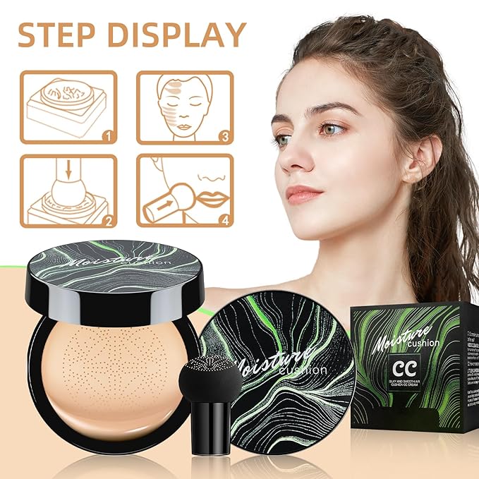 Mushroom Head Air Cushion CC Cream - BB Cream Foundation Makeup Moisturizing Concealer Long-Lasting, Cushion Foundation Full Coverage Self Adjusting for Mature Skin & All Skin Types (Buff Beige)-Velvo Beauty