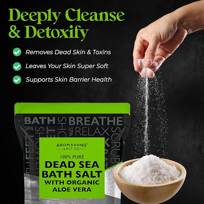 Aromasong Dead Sea Salt with Organic Aloe Vera, Spa Bath Salts, 5 Lbs Fine Bulk resealable Pack, 100% Pure & Natural, Soak for Women & Men for Tired Muscles & Skin Issues (Packaging May Vary)-Velvo Beauty