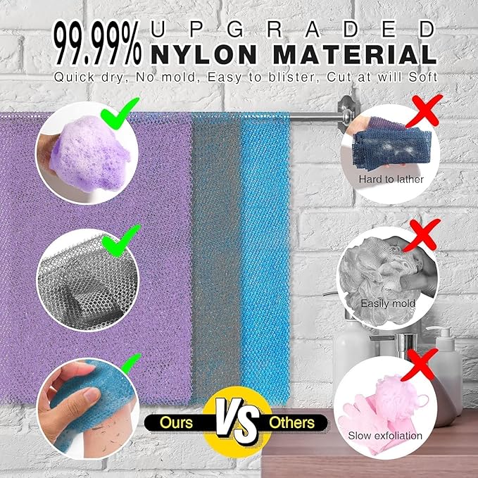 UJFQBH 3 Pieces African exfoliating net African Net Long Net Bath Sponge Exfoliating Shower Body Scrubber Back Scrubber Skin Smoother,Great for Daily Use (Purple Gray Blue)-Velvo Beauty