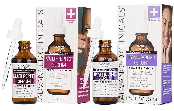Advanced Clinicals Hyaluronic Acid Moisturizer Face Serum + Collagen Peptide Facial Serum Skin Care Set | Hydrating Serums For Diminishing Appearance Of Wrinkles, Dry Skin, Fine Lines, Set Of 2-Velvo Beauty
