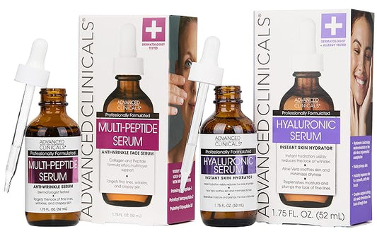 Advanced Clinicals Hyaluronic Acid Moisturizer Face Serum + Collagen Peptide Facial Serum Skin Care Set | Hydrating Serums For Diminishing Appearance Of Wrinkles, Dry Skin, Fine Lines, Set Of 2-Velvo Beauty