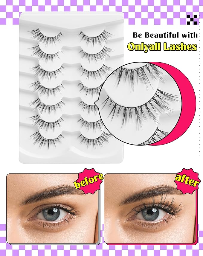 Onlyall Wispy Lashes - Natural Flared False Eyelashes, Soft Fluffy, 7 Pairs DK56-Velvo Beauty