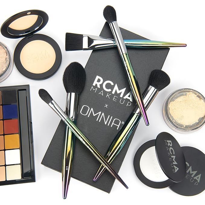 RCMA Makeup x Omnia Professional Makeup Brush 5pc Set, Premium Synthetic Fiber, Iridescent Acrylic Handle, Face Powders, Complexion and Foundation Blending Application Brush set.-Velvo Beauty