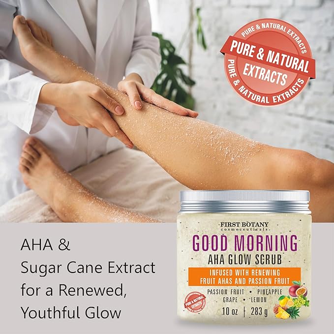 First Botany Body Scrub - Natural Exfoliating Salt Scrub & Body and Face Souffle helps with Moisturizing Skin, Acne, Cellulite, Dead Skin Scars, Wrinkles (10 fl oz, AHA Passion Fruit)-Velvo Beauty
