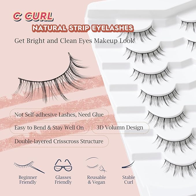 Manga Lashes Natural False Eyelashes 10MM Short Anime Lashes Thin Band Korean Lashes 3D Volume Strip Lashes Wispy Manhua Eyelashes 7 Pair Asian Lashes Siligli-Velvo Beauty