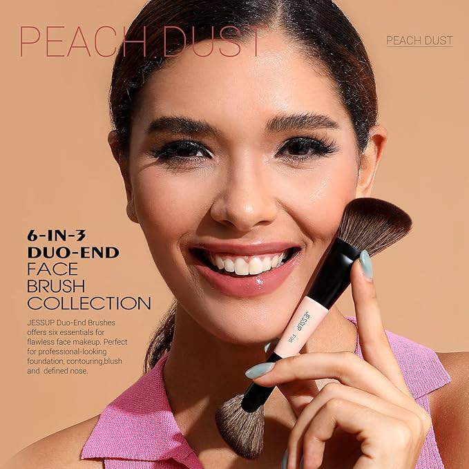Jessup Face Makeup Brushes 3pcs Double Ended Makeup Brush Set for Foundation Contour Blush Highlight and Powder, Premium Synthetic Make up Brushes Peach Dust T508-Velvo Beauty