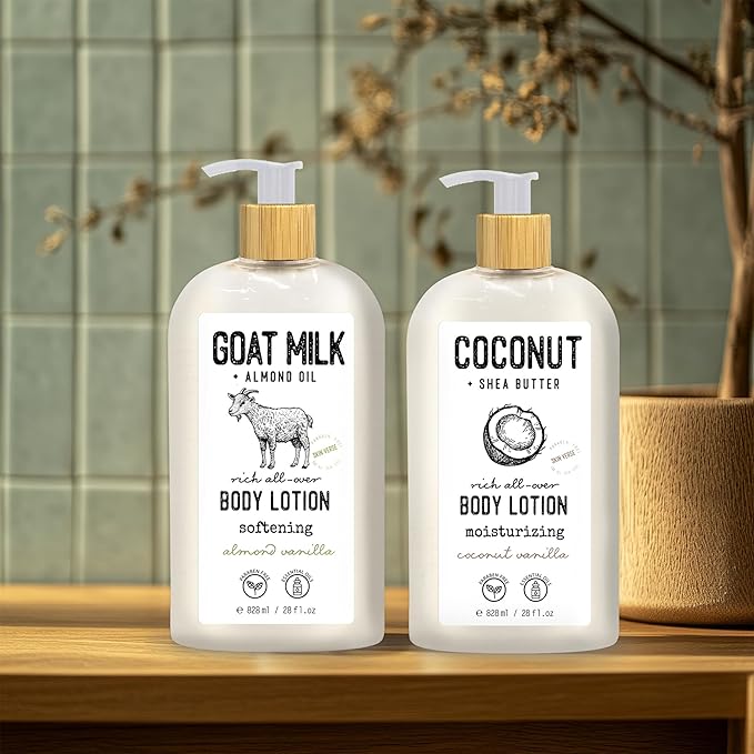Skin Verse Body Lotion, Goat Milk, Almond Oil Body Lotion, Softening, Almond Vanilla, Coconut, Shea Butter Body Lotion, Moisturizing, Coconut Vanilla, 28 fl. oz. | Home and Body Co-Velvo Beauty