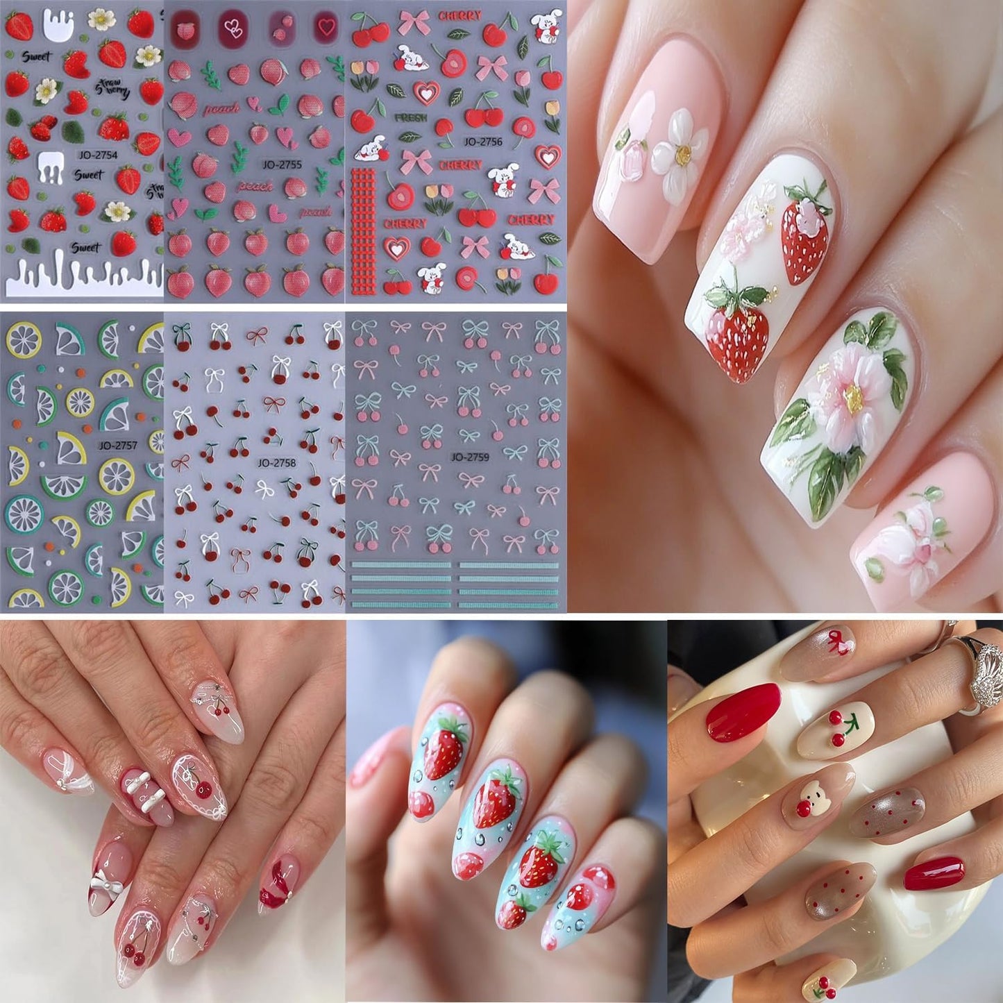 6 Sheets Fruit Nail Art Stickers 3D Self -Adhesive Cherry Strawberry Nail Decals Holographic Lemon Peach Nail Stickers Summer Cute Fruite Nail Decals Decoration for Women DIY Manicure Supplies-Velvo Beauty