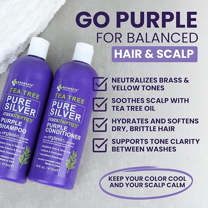Tea Tree Purple Shampoo & Conditioner Set for Blonde, Bleached, Silver & Grey Hair, Anti-Brass Toner, Boosts Highlights & Color, Revitalizes, Relieves Itchy Scalp & Salon-Grade Hair Toner.-Velvo Beauty