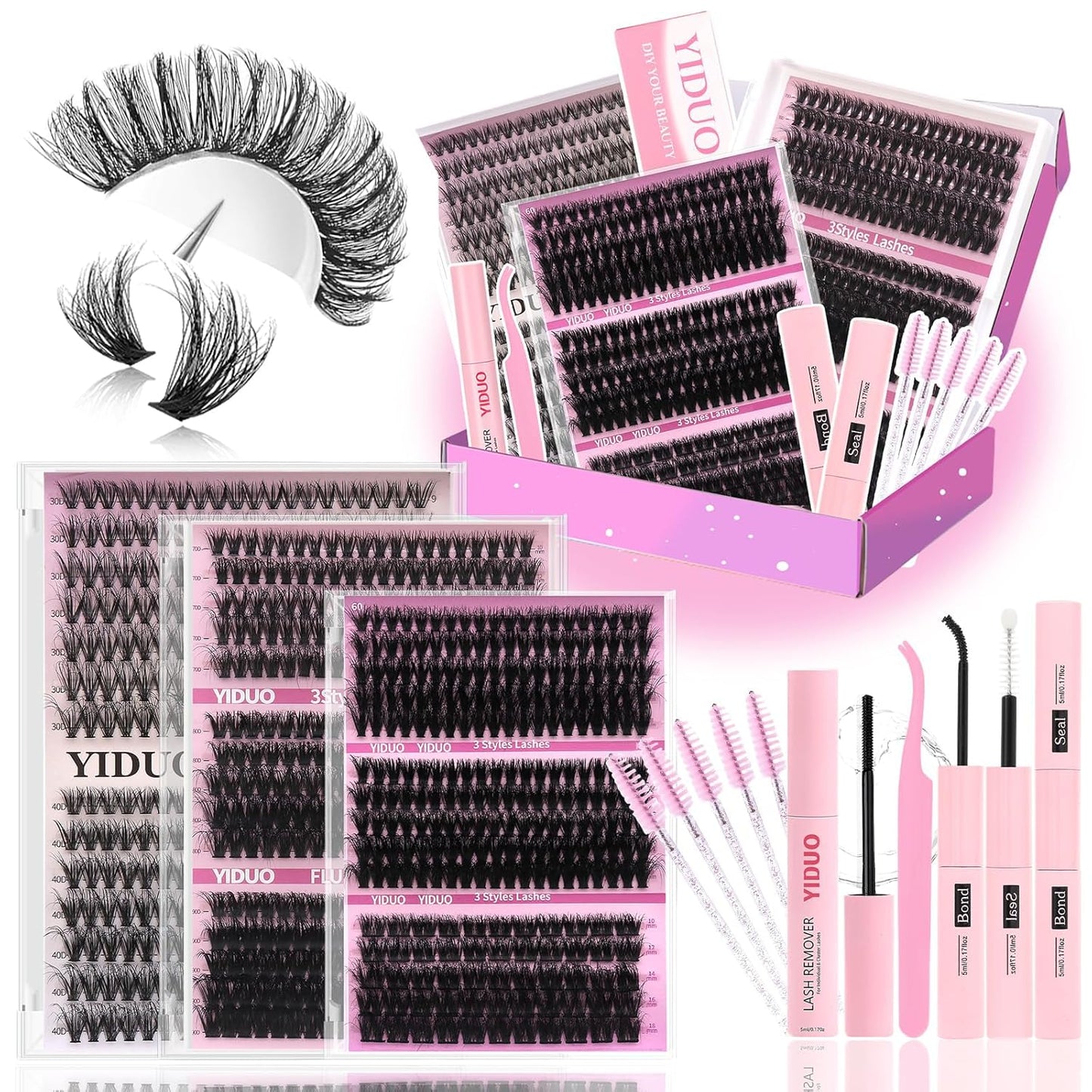Lashes 7 style Mixed C-Curl False Eyelashes Extensions Clusters Lashes Kit Gift Packs 835Pcs with Bond&Seal Faux Mink Individual Lash Wholesale Pack DIY Individual Fake Eyelashes Box-Velvo Beauty