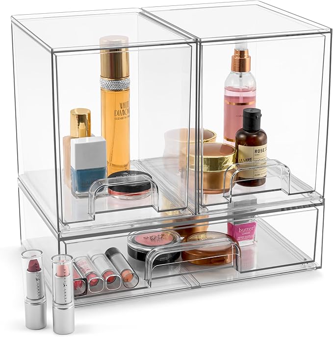 Sorbus Acrylic Storage Containers - 3 Pack, Stackable Storage Bins Set for Bathroom Organization - Clear Acrylic Drawer Organizers - Makeup Case Pull-Out Drawers (7.6’’ Tall and 12.1’’ Wide)-Velvo Beauty