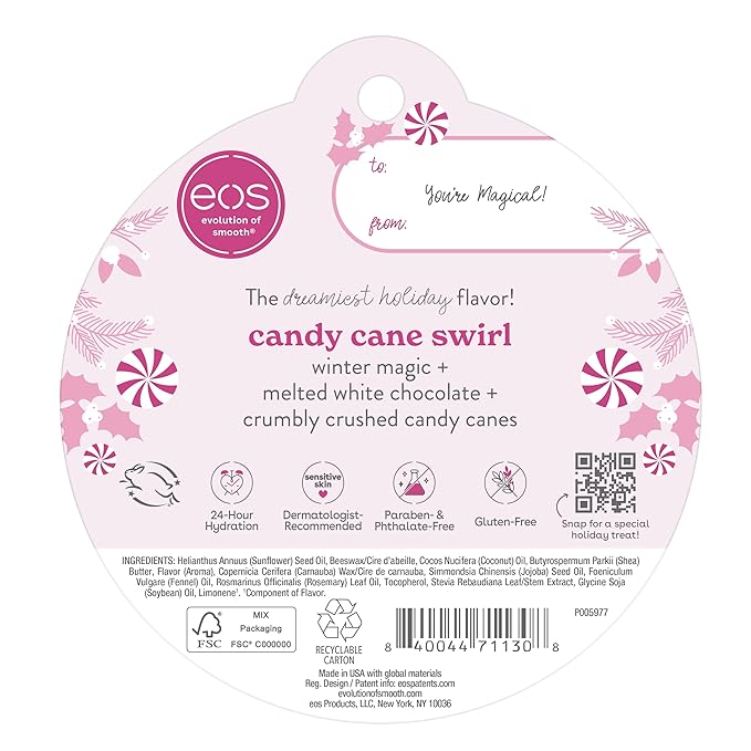 Eos Limited Edition Holiday Lip Balm, Candy Cane Swirl, Christmas Gifts & Stocking Stuffers, Lip Care Products, 0.25 oz-Velvo Beauty