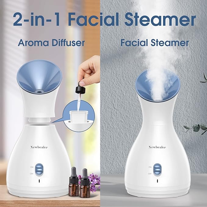 Newbealer 2in1 Facial Steamer, Hot Mist Facial Aromatherapy Humidifier Atomizer, Large Face Steamer Unclogs Pores Sinuses Moisturizing, Home Sauna Spa with Eyebrow Set (Blue, 170ml)-Velvo Beauty