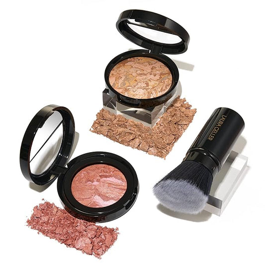 LAURA GELLER NEW YORK Baked Balance-N-Glow Illuminating Powder Foundation, Medium + Retractable Kabuki Brush + Baked Blush-N-Brighten, Pink Grapefruit-Velvo Beauty
