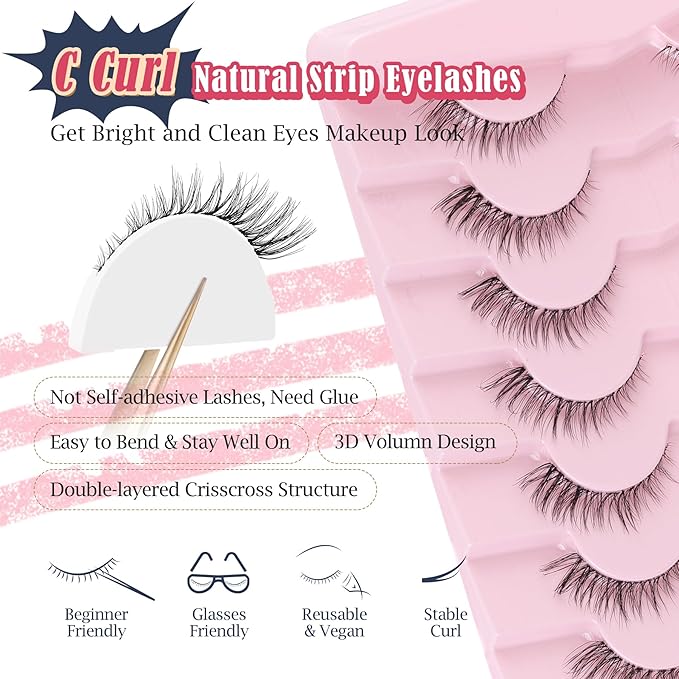 Cat Eyelashes Natural Eye Lashes 12mm False Lashes Wispy Thin Band 3D Volume Fake Eyelash C Curl Lash Pack Natural Look 7 Pair-Velvo Beauty