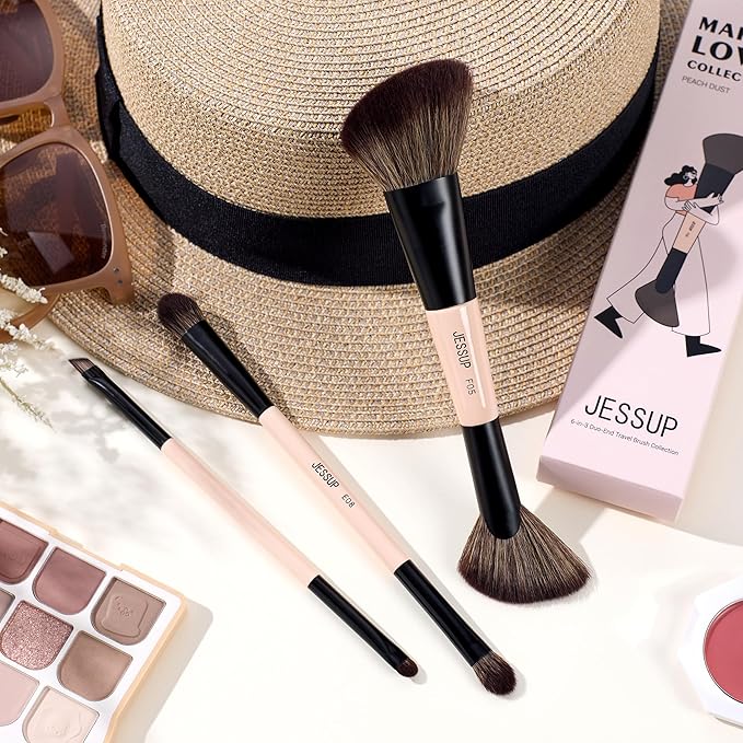 Jessup Travel Makeup Brushes Set 3pcs, Double Sided Contour Brush Dual Ended Eye Shadow Shader Eyeliner Brush, Multi-functional Makeup Set Peach Dust T507-Velvo Beauty