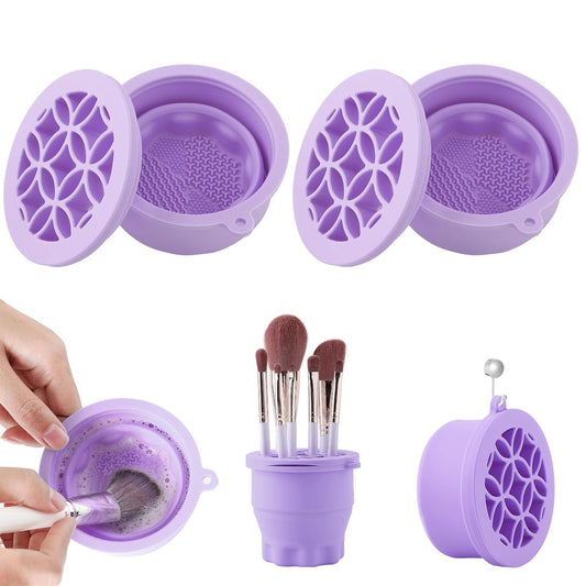 Makeup Brush Cleaner - Foldable Silicone Makeup Brush Cleaner Mat with Brush Storage Holder Makeup Brush Cleaning Bowl Cosmetic Brush Washing Tool for Cleaning Organizer and Drying (Purple and Purple)-Velvo Beauty