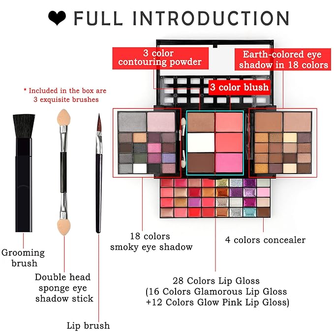 Professional Makeup Palette Set, 36 Colors Eyeshadow + 28 Lip Glosses + 4 Concealer Powder + 3 Blushers + 2 Contouring + 1 Highlight + 3 Brushes + Mirror, Make Up Palette Set-Velvo Beauty