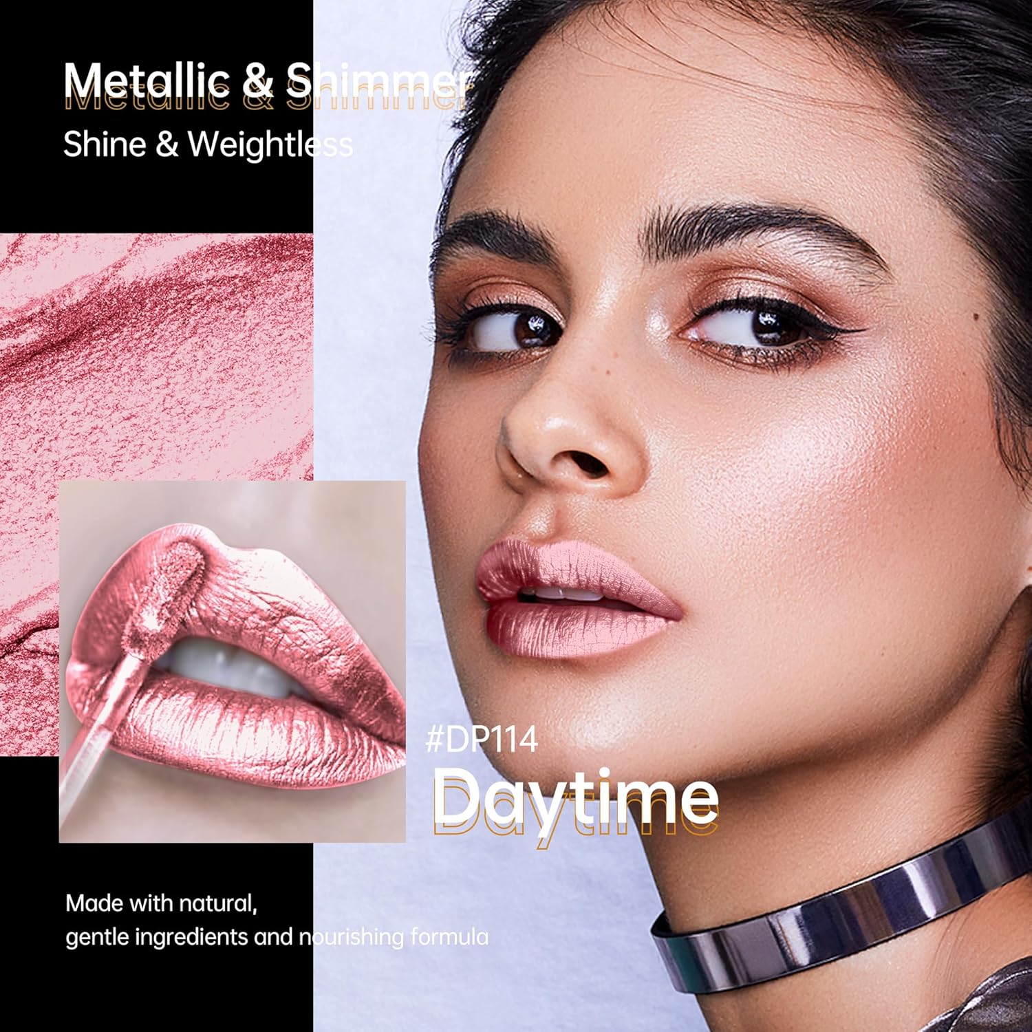 light Pink Lipsticks for Women Metallic Lipstick Long Lasting Non Stick Cup Lip Gloss, Shimmer Lightweight Hydrating Full Coverage Lip Color, DP114 Daytime-Velvo Beauty
