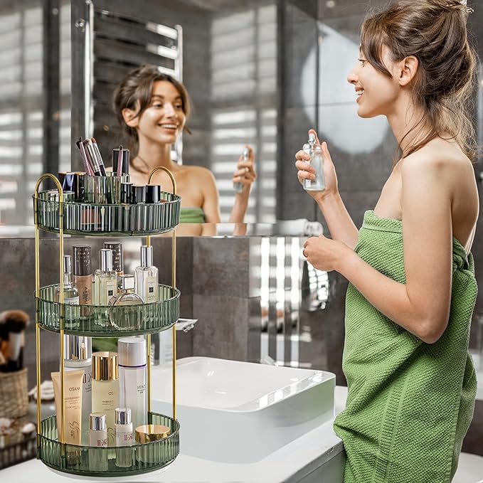 360° Rotating Makeup Organizer, Large-Capacity Skincare Make Up Storage 3 Tier Perfume Organizers Cosmetic Dresser Organizer with Makeup Brush Holder, Fits Bedroom, Bathroom, Vanity Shelf Countertop-Velvo Beauty