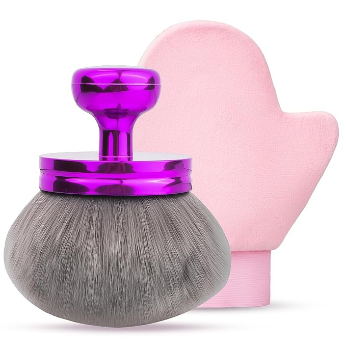 Self Tanner Brushes- Extra Large Body Kabuki Brush & Tanning Mitt, 2 Pcs, Big Body Makeup Brush for Legs, Face, Soft Self Tanning Glove Applicator for Fake Tan, Foundation, Lotion, Makeup (Purple)-Velvo Beauty