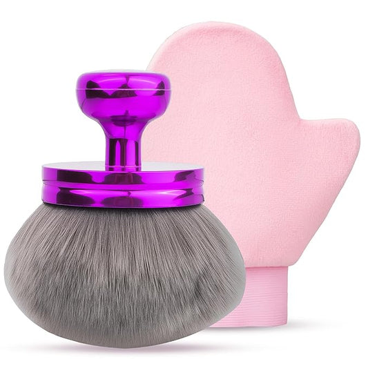Self Tanner Brushes- Extra Large Body Kabuki Brush & Tanning Mitt, 2 Pcs, Big Body Makeup Brush for Legs, Face, Soft Self Tanning Glove Applicator for Fake Tan, Foundation, Lotion, Makeup (Purple)-Velvo Beauty