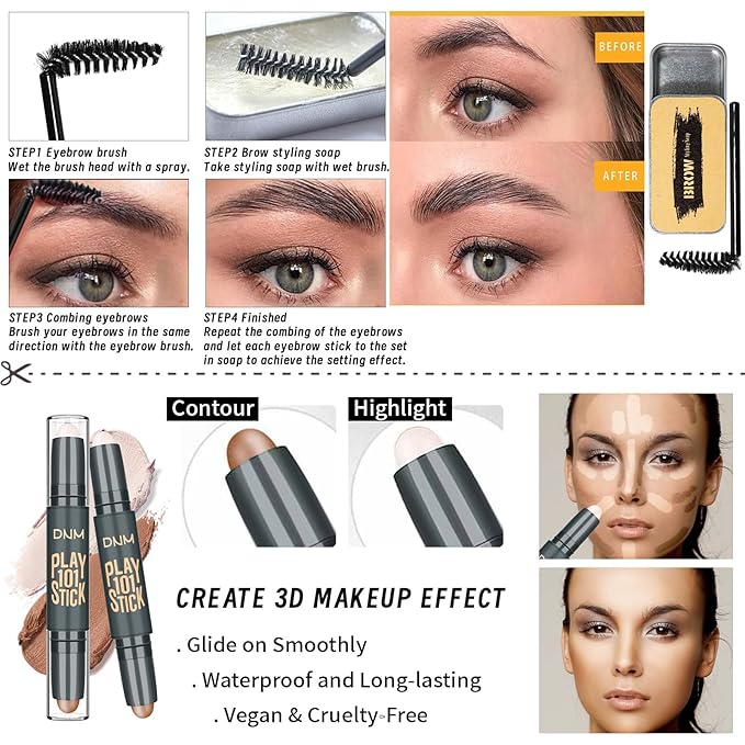 Face Primer, Makeup Brush and Sponges, Eyebrow Soap and Pencil, Mascara, Winged Eyeliner Stamp, cosmetic bag,Eyebrow Soap and Pencil, Mascara, Winged Eyeliner Stamp-Velvo Beauty