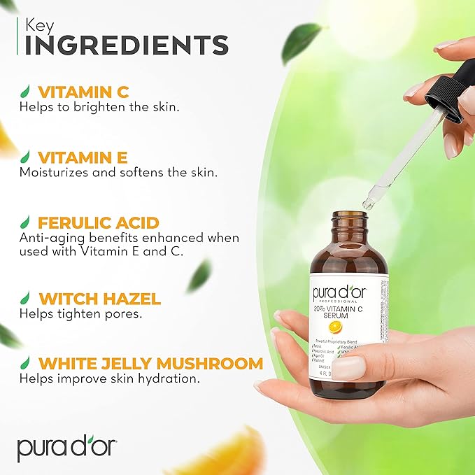 PURA D'OR 20% Vitamin C Serum 4 Oz - Lightweight Maximum Strength Formula - Retinol, Hyaluronic Acid, Ferulic Acid - Professional Grade Treatment For Face & Eyes, Wrinkles - Men & Women-Velvo Beauty