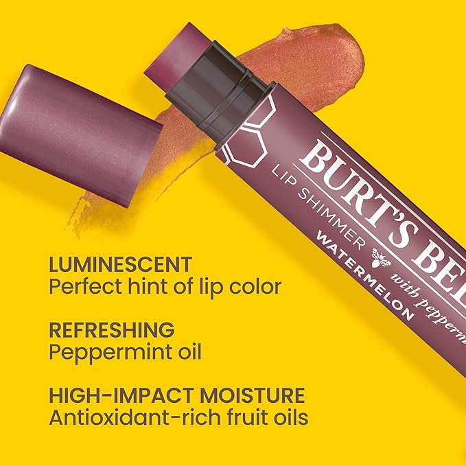 Burt's Bees Shimmer Lip Tint Easter Basket Stuffers, Tinted Lip Balm Stick, Moisturizing for All Day Hydration with Natural Origin Glowy Pigmented Finish & Buildable Color, Watermelon (4-Pack)-Velvo Beauty