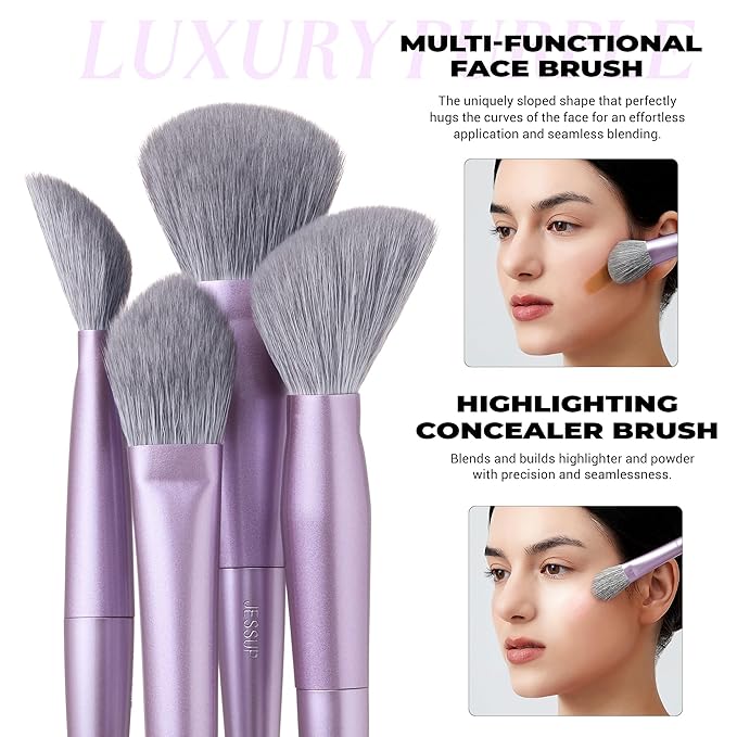 Jessup Makeup Brushes Face 5pcs, Premium Synthetic Make Up Brushes Set for Foundation Contour Blush Highlighter and Powder, Luxury Purple T514-Velvo Beauty