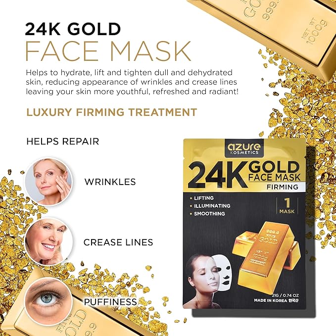 Azure Cosmetics 24K Gold Firming Face Mask- Anti Aging, Hydrating, Toning & Firming Facial Mask - Helps Reduce Wrinkles & Fine Lines with Hyaluronic Acid & Collagen - Made in Korea - Pack of 5-Velvo Beauty