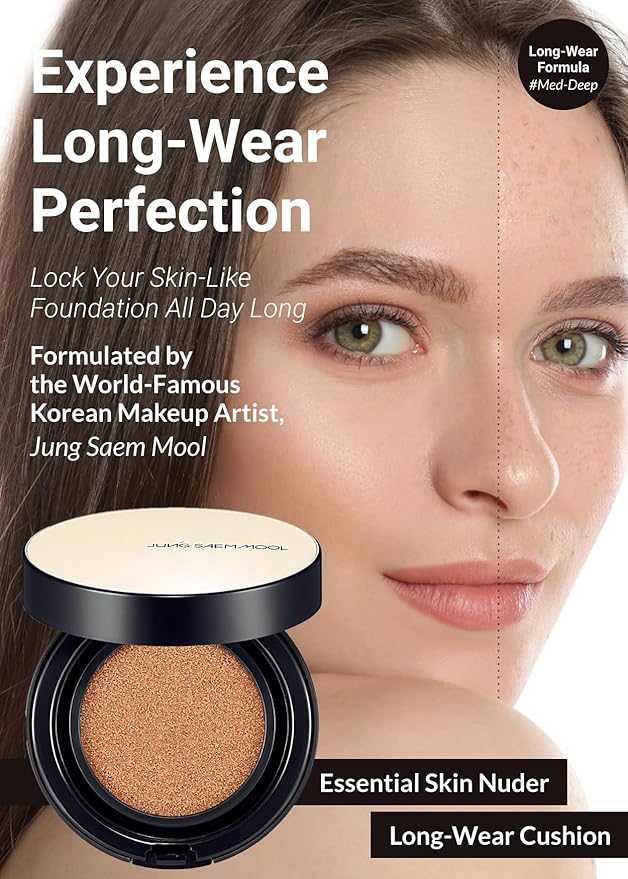 JUNG SAEM MOOL Essential Skin Nuder Longwear Cushion 0.98 Fl Oz (Medium Deep), Refill Included, 24H lasting Cushion Foundation with High Coverage, Semi-Matte Natural Finish, Korean Foundation Makeup-Velvo Beauty