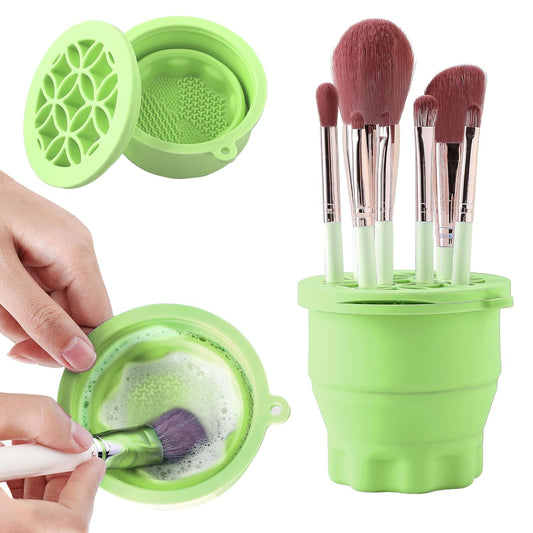 Makeup Brush Cleaner - Foldable Silicone Makeup Brush Cleaner Mat with Brush Storage Holder Makeup Brush Cleaning Bowl Cosmetic Brush Washing Tool for Cleaning Organizer and Drying (Green)-Velvo Beauty