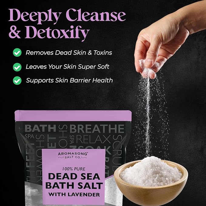 Aromasong Pure Dead Sea Salt for Soaking with 100% Natural Lavender, 19 LB - Spa Bath Salt Fine Grain - Body Wash Scrub - Soak for Women & Men- Bulk Resealable Pack-Velvo Beauty