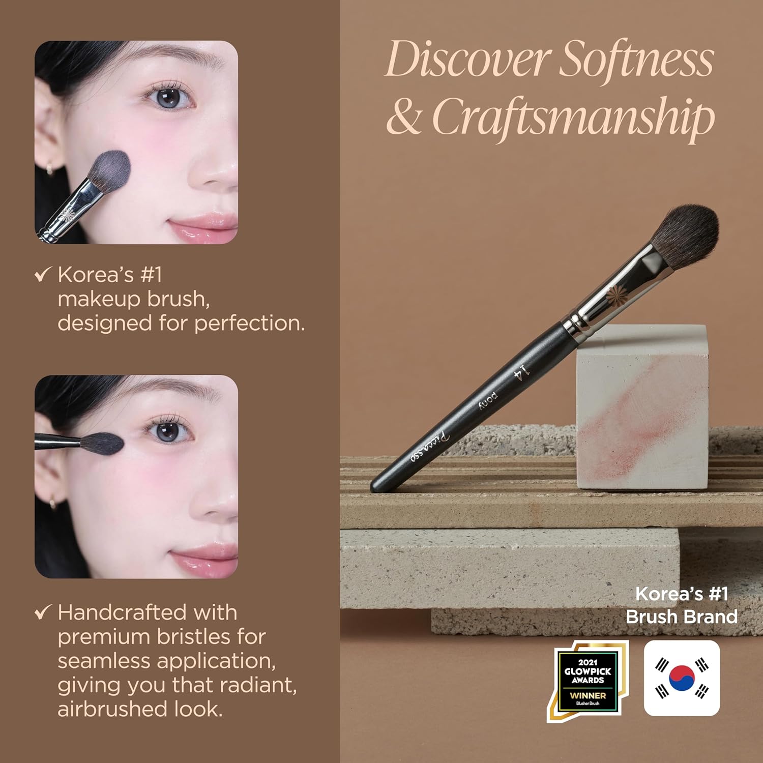 Piccasso PONY14 Makeup Brush– Soft Tapered Blush & Highlighter Applicator for Face Makeup, Fluffy Powder Finish with Soft Hair, Small Size for Precision, Professional Korean Beauty Essential-Velvo Beauty