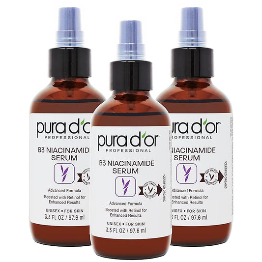 PURA D'OR B3 Niacinamide Advanced Facial Serum (3.3oz x3 = 9.9oz) Skin Care Formula with Retinol For Wrinkles, Hydration & Complexion - All Skin Types, Hypoallergenic - Women & Men-Velvo Beauty