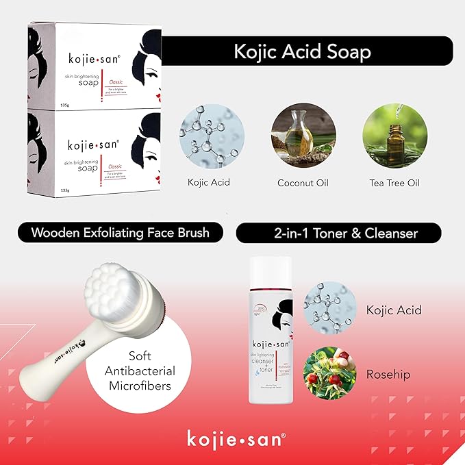 Kojie San Face & Body Shower Set - The Original Kojic Acid Soap that Reduces Visibility of Dark Spots, Hyperpigmentation, and Other types of Skin Damage – 135g x 2 Bars with Lotion, Cream and Toner-Velvo Beauty
