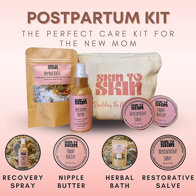 Skin to Skin Postpartum Kit-4 Piece Set in Cosmetic Bag - Postpartum Recovery - Includes: Herbal Bath, Recovery Spray, Restorative Salve, and Nipple Butter - Postpartum Care Kit - After Birth Care Kit-Velvo Beauty