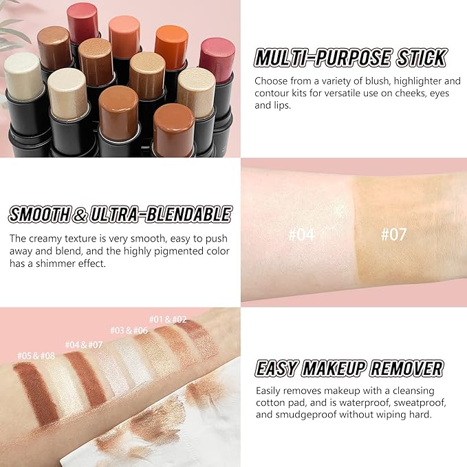 2 Pcs Cream Contour Stick Makeup Kit, Cream Highlighter Stick & Contour Bronzer Stick for Cheeks, Lightweight Blendable Smooth -Highlighter & Bronzer (#04 Light Rose Gold #07 Coffee)-Velvo Beauty