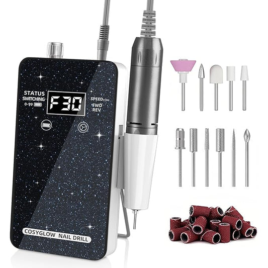 Professional Electric Nail Drill File:COSYGLOW Glitter Portable Cordless E-File Nail Drill Kit with 11 Drill Bits,30000 RPM Rechargeable Nail Drills Machine for Acrylic Nails Gel Polishing(Black)-Velvo Beauty